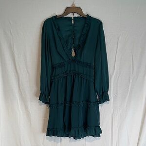 Elegant Teal Ruffle Dress with cutout back and deep V front
